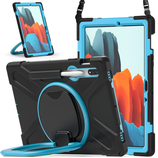 For Samsung Galaxy Tab S8 / Galaxy Tab S7 T870 / T875 Silicone + PC Protective Case with Holder & Shoulder Strap(Black+Blue) - Galaxy Tab S8 Cases by buy2fix | Online Shopping UK | buy2fix