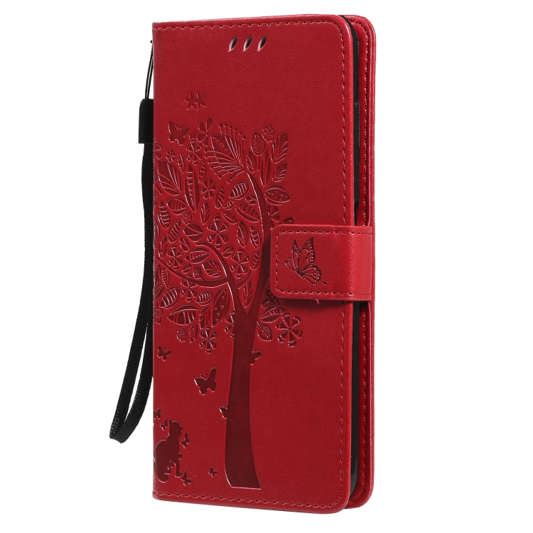 For Nokia G10 Tree & Cat Pattern Pressed Printing Horizontal Flip PU Leather Case with Holder & Card Slots & Wallet & Lanyard(Red) - Nokia Cases by buy2fix | Online Shopping UK | buy2fix