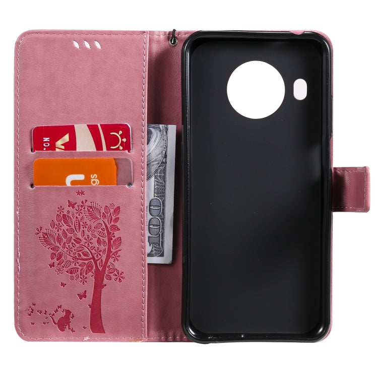 For Nokia X20 Tree & Cat Pattern Pressed Printing Horizontal Flip PU Leather Case with Holder & Card Slots & Wallet & Lanyard(Pink) - Nokia Cases by buy2fix | Online Shopping UK | buy2fix