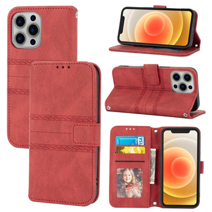 For iPhone 13 Embossed Striped Magnetic Buckle PU + TPU Horizontal Flip Leather Case with Holder & Card Slot & Wallet & Photo Frame & Sling(Red) - iPhone 13 Cases by buy2fix | Online Shopping UK | buy2fix