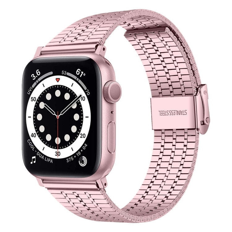 Seven-beads Double Safety Buckle Steel Watch Band For Apple Watch Ultra 49mm&Watch Ultra 2 49mm / Series 9&8&7 45mm / SE 3&SE 2&6&SE&5&4 44mm / 3&2&1 42mm(Rose Pink) - Watch Bands by buy2fix | Online Shopping UK | buy2fix