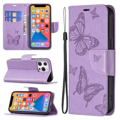 For iPhone 13 Embossing Two Butterflies Pattern Horizontal Flip PU Leather Case with Holder & Card Slot & Wallet & Lanyard(Purple) - iPhone 13 Cases by buy2fix | Online Shopping UK | buy2fix