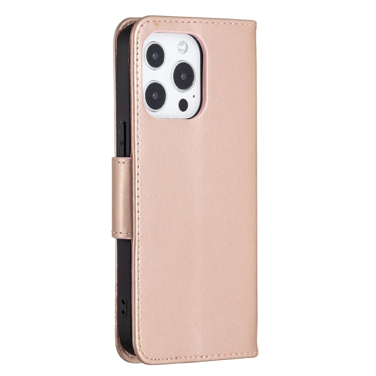 For iPhone 13 Pro Embossing Two Butterflies Pattern Horizontal Flip PU Leather Case with Holder & Card Slot & Wallet & Lanyard (Rose Gold) - iPhone 13 Pro Cases by buy2fix | Online Shopping UK | buy2fix