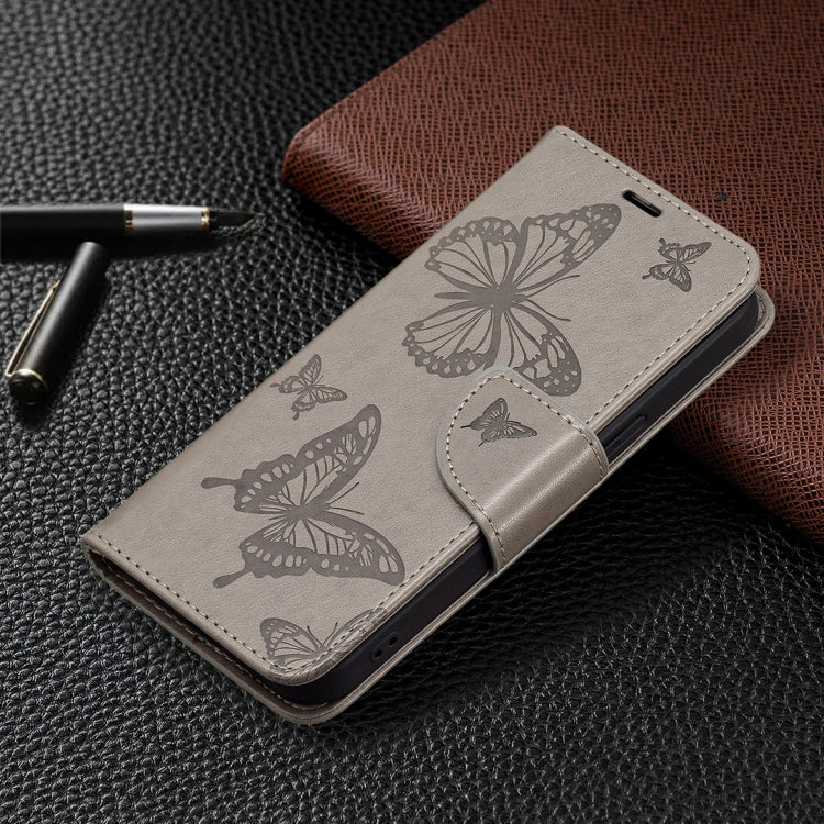 For iPhone 13 Pro Max Embossing Two Butterflies Pattern Horizontal Flip PU Leather Case with Holder & Card Slot & Wallet & Lanyard (Grey) - iPhone 13 Pro Max Cases by buy2fix | Online Shopping UK | buy2fix