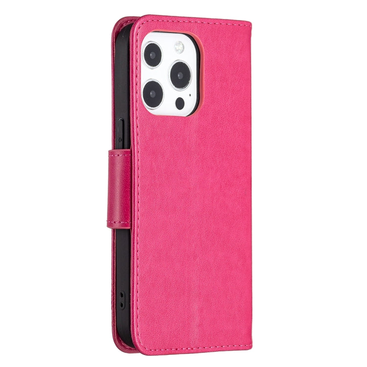 For iPhone 13 Pro Max Embossing Two Butterflies Pattern Horizontal Flip PU Leather Case with Holder & Card Slot & Wallet & Lanyard (Rose Red) - iPhone 13 Pro Max Cases by buy2fix | Online Shopping UK | buy2fix