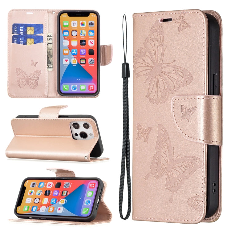 For iPhone 13 Pro Max Embossing Two Butterflies Pattern Horizontal Flip PU Leather Case with Holder & Card Slot & Wallet & Lanyard (Rose Gold) - iPhone 13 Pro Max Cases by buy2fix | Online Shopping UK | buy2fix