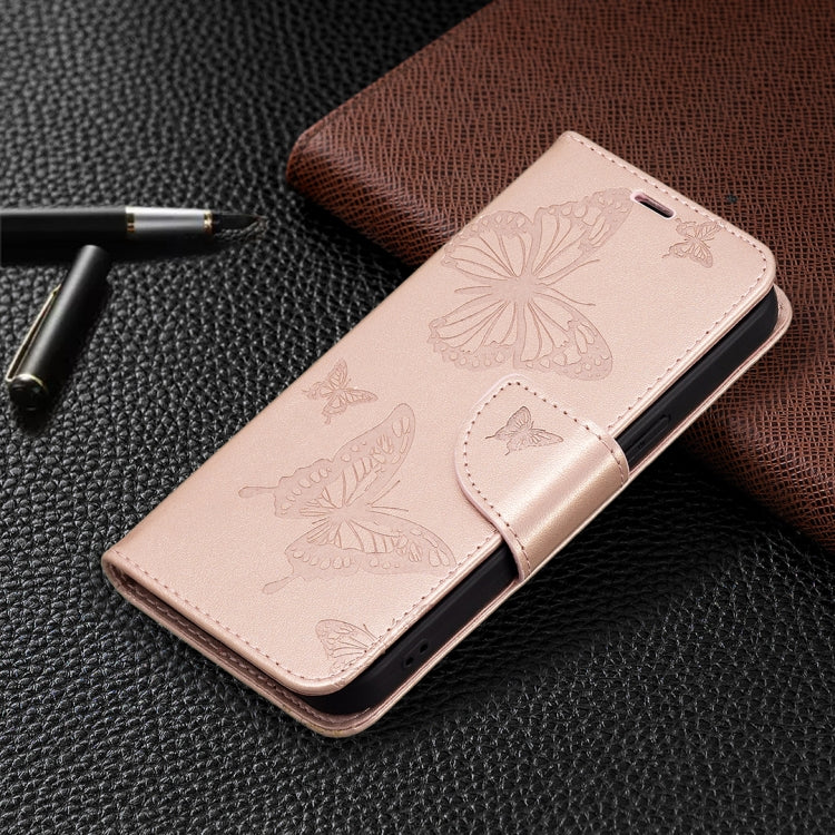 For iPhone 13 Pro Max Embossing Two Butterflies Pattern Horizontal Flip PU Leather Case with Holder & Card Slot & Wallet & Lanyard (Rose Gold) - iPhone 13 Pro Max Cases by buy2fix | Online Shopping UK | buy2fix