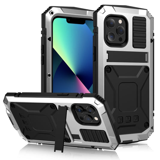 For iPhone 13 mini R-JUST Shockproof Waterproof Dust-proof Metal + Silicone Protective Case with Holder (Silver) - iPhone 13 mini Cases by R-JUST | Online Shopping UK | buy2fix
