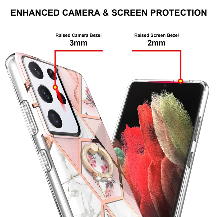 For Samsung Galaxy S21 Ultra 5G Electroplating Splicing Marble Flower Pattern TPU Shockproof Case with Rhinestone Ring Holder(Pink Flower) - Galaxy S21 Ultra 5G Cases by buy2fix | Online Shopping UK | buy2fix