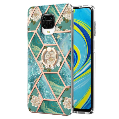 or Xiaomi Redmi Note 9S / Redmi Note 9 Pro / Redmi Note 9 Pro Max Electroplating Splicing Marble Flower Pattern TPU Shockproof Case with Rhinestone Ring Holder(Blue Flower) - Xiaomi Cases by buy2fix | Online Shopping UK | buy2fix