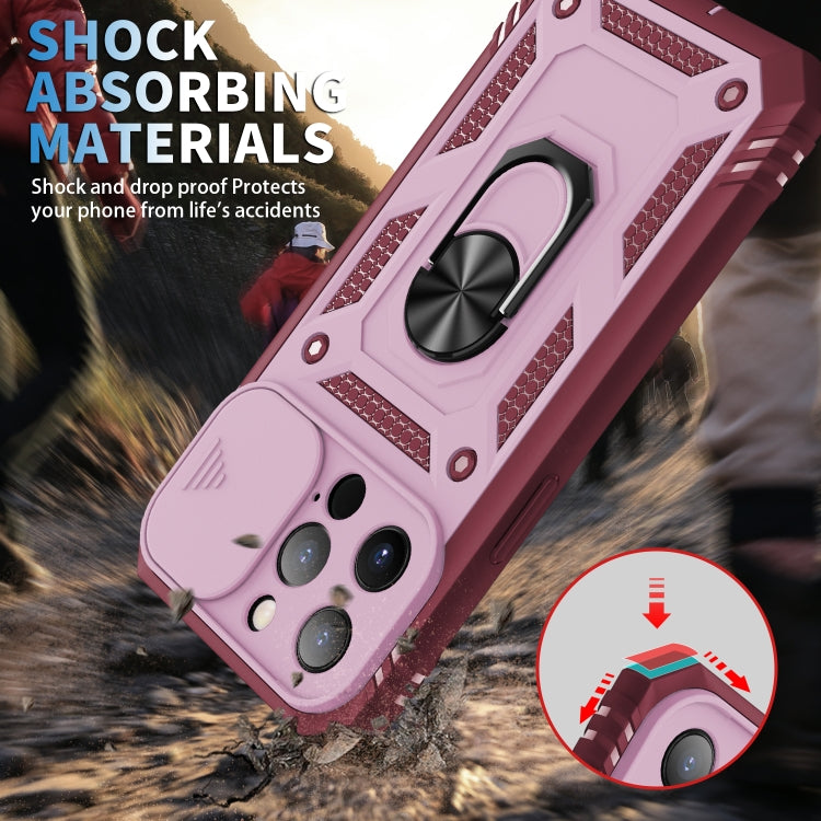 For iPhone 13 Pro Max Sliding Camera Cover Design TPU + PC Protective Case with 360 Degree Rotating Holder & Card Slot (Pink+Dark Red) - iPhone 13 Pro Max Cases by buy2fix | Online Shopping UK | buy2fix
