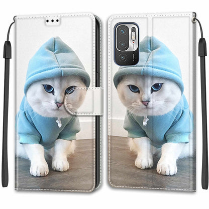 Voltage Coloured Drawing Magnetic Clasp Horizontal Flip PU Leather Case with Holder & Card Slots For Xiaomi Redmi Note 10 5G(C15 Blue Sweater White Cat) - Xiaomi Cases by buy2fix | Online Shopping UK | buy2fix