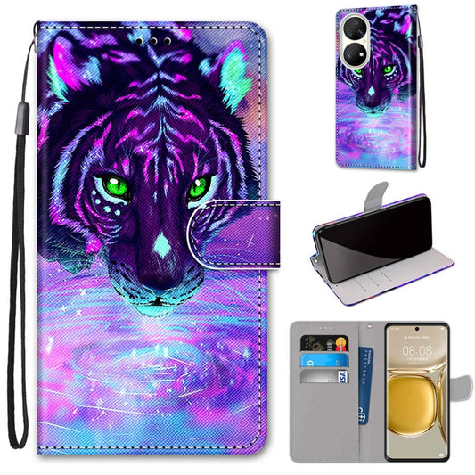 For Huawei P50 Pro Coloured Drawing Cross Texture Horizontal Flip PU Leather Case with Holder & Card Slots & Wallet & Lanyard(Tiger Drinking Water) - Huawei Cases by buy2fix | Online Shopping UK | buy2fix