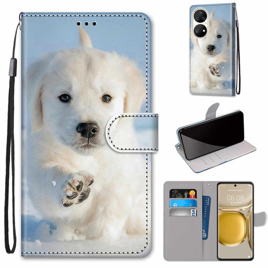 For Huawei P50 Pro Coloured Drawing Cross Texture Horizontal Flip PU Leather Case with Holder & Card Slots & Wallet & Lanyard(Snow Puppy) - Huawei Cases by buy2fix | Online Shopping UK | buy2fix