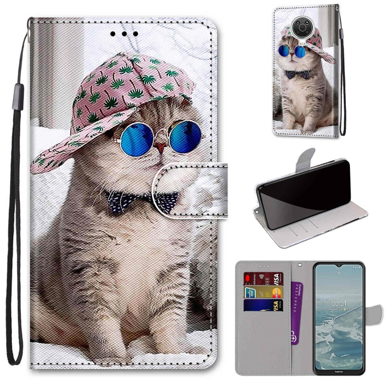 For Nokia G20 / G10 / 6.3 Coloured Drawing Cross Texture Horizontal Flip PU Leather Case with Holder & Card Slots & Wallet & Lanyard(Slant Hat Blue Mirror Cat) - Nokia Cases by buy2fix | Online Shopping UK | buy2fix