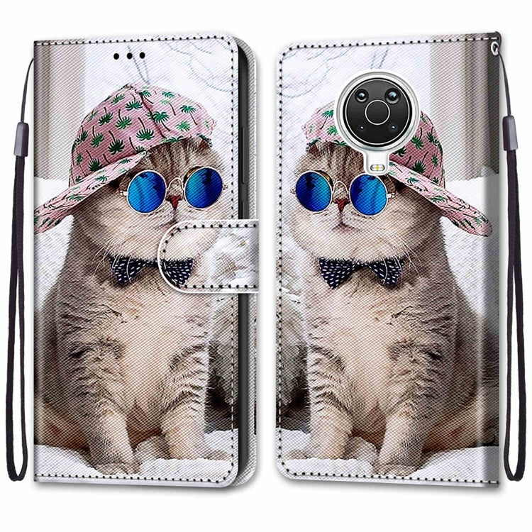 For Nokia G20 / G10 / 6.3 Coloured Drawing Cross Texture Horizontal Flip PU Leather Case with Holder & Card Slots & Wallet & Lanyard(Slant Hat Blue Mirror Cat) - Nokia Cases by buy2fix | Online Shopping UK | buy2fix