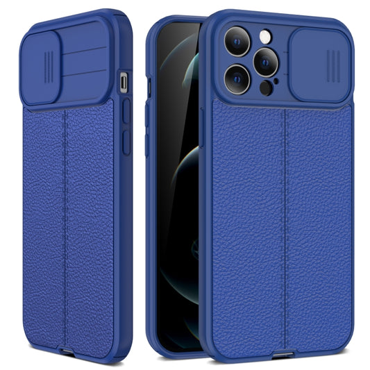 For iPhone 13 Litchi Texture Sliding Camshield TPU Protective Case(Blue) - iPhone 13 Cases by buy2fix | Online Shopping UK | buy2fix