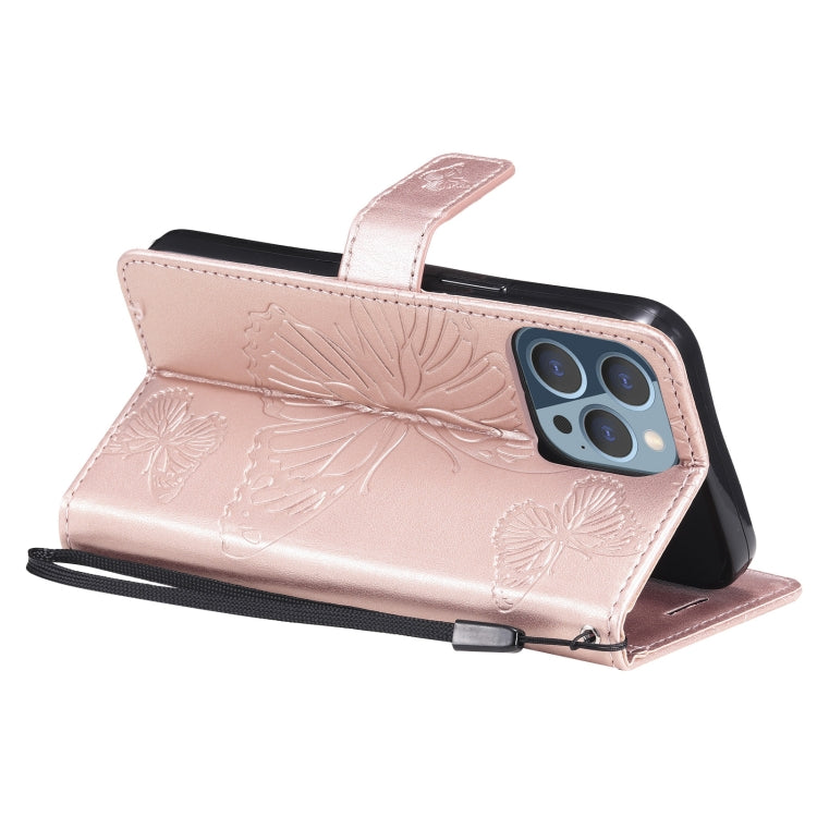 For iPhone 13 Pro 3D Butterfly Embossed Pattern Horizontal Flip Leather Case with Holder & Card Slot & Wallet & Lanyard (Rose Gold) - iPhone 13 Pro Cases by buy2fix | Online Shopping UK | buy2fix