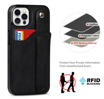 For iPhone 12 / 12 Pro Crazy Horse Texture Shockproof TPU + PU Leather Case with Card Slot & Wrist Strap Holder(Black) - iPhone 12 / 12 Pro Cases by buy2fix | Online Shopping UK | buy2fix