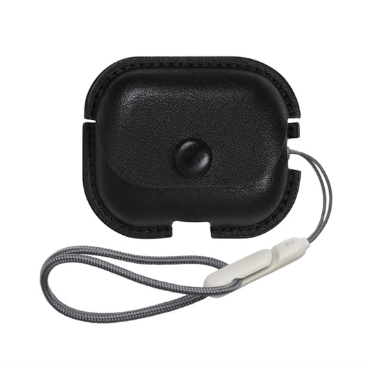 For AirPods Pro 2 Litchi Texture PU Leather Earphone Protective Case with Lanyard(Black) - For AirPods Pro 2 by buy2fix | Online Shopping UK | buy2fix