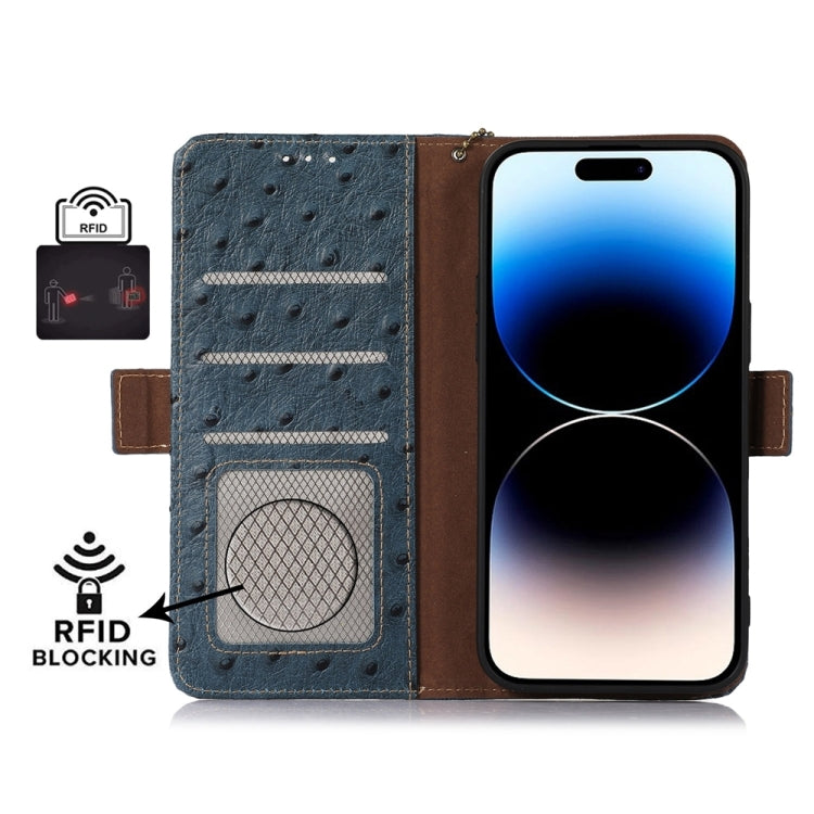 For iPhone SE 2024 Ostrich Pattern Genuine Leather RFID Phone Case(Blue) - More iPhone Cases by buy2fix | Online Shopping UK | buy2fix