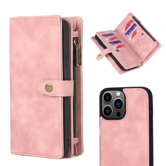 For iPhone 13 Pro Zipper Wallet Detachable MagSafe Leather Phone Case(Pink) - iPhone 13 Pro Cases by buy2fix | Online Shopping UK | buy2fix