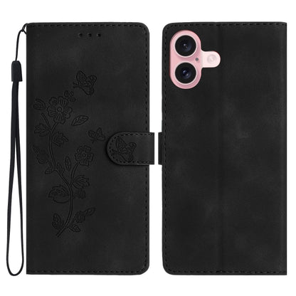 For iPhone 16 Plus Flower Butterfly Embossing Pattern Leather Phone Case(Black) - iPhone 16 Plus Cases by buy2fix | Online Shopping UK | buy2fix