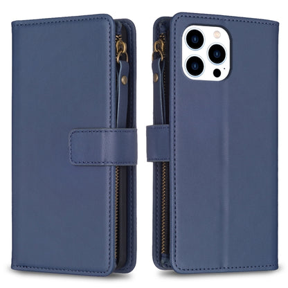 For iPhone 16 Pro Max 9 Card Slots Zipper Wallet Leather Flip Phone Case(Blue) - iPhone 16 Pro Max Cases by buy2fix | Online Shopping UK | buy2fix