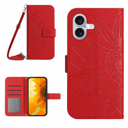 For iPhone 16 Skin Feel Sun Flower Embossed Flip Leather Phone Case with Lanyard(Red) - iPhone 16 Cases by buy2fix | Online Shopping UK | buy2fix