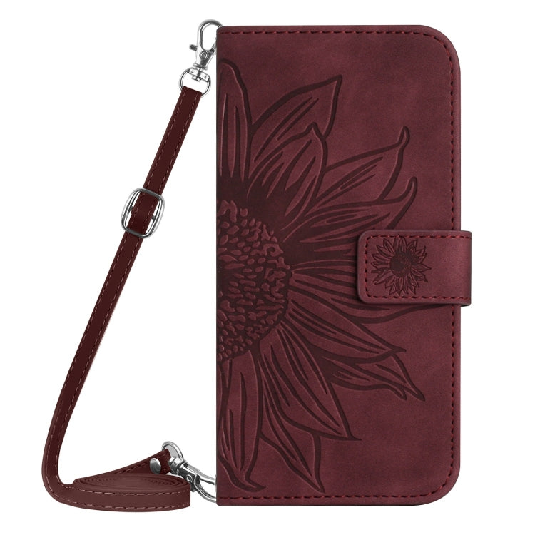 For iPhone 16 Skin Feel Sun Flower Embossed Flip Leather Phone Case with Lanyard(Wine Red) - iPhone 16 Cases by buy2fix | Online Shopping UK | buy2fix