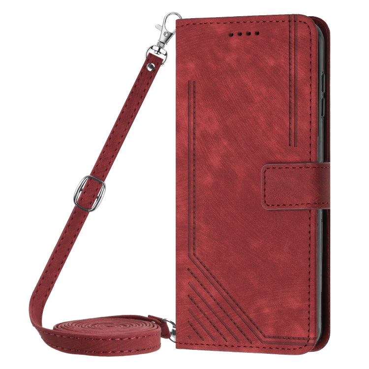 For Xiaomi Redmi K70 / K70 Pro Skin Feel Stripe Pattern Leather Phone Case with Long Lanyard(Red) - K70 Pro Cases by buy2fix | Online Shopping UK | buy2fix