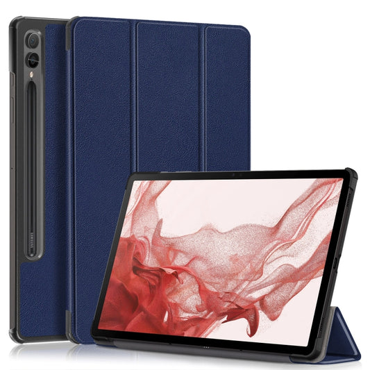 For Samsung Galaxy Tab S9+ Custer Pure Color 3-Fold Holder Smart Leather Tablet Case(Dark Blue) - Galaxy Tab S9+ Cases by buy2fix | Online Shopping UK | buy2fix