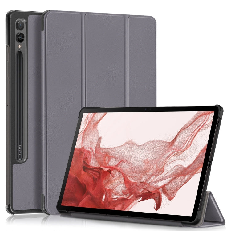 For Samsung Galaxy Tab S9+ Custer Pure Color 3-Fold Holder Smart Leather Tablet Case(Grey) - Galaxy Tab S9+ Cases by buy2fix | Online Shopping UK | buy2fix