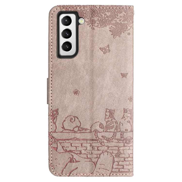 For Samsung Galaxy S21 Cat Embossing Pattern Leather Phone Case with Lanyard(Grey) - Galaxy S21 5G Cases by buy2fix | Online Shopping UK | buy2fix