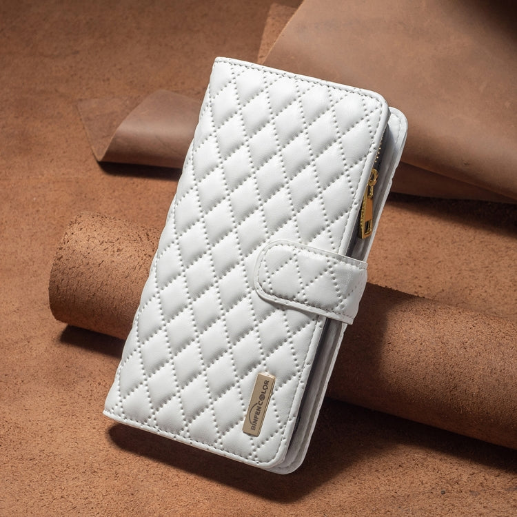 For iPhone 16 Pro Max Diamond Lattice Zipper Wallet Leather Flip Phone Case(White) - iPhone 16 Pro Max Cases by buy2fix | Online Shopping UK | buy2fix