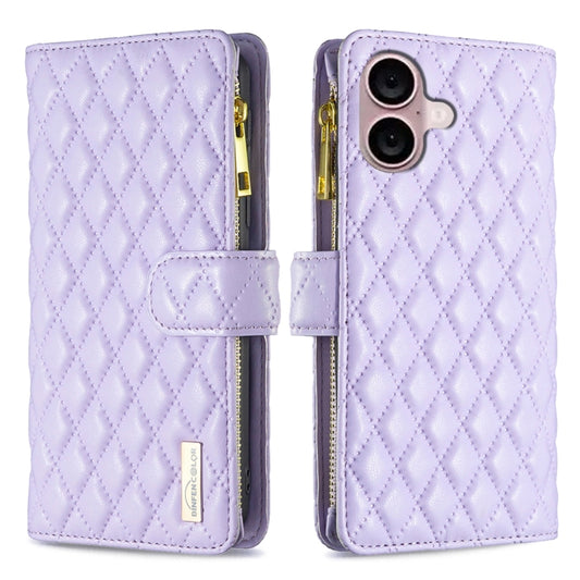 For iPhone 16 Diamond Lattice Zipper Wallet Leather Flip Phone Case(Purple) - iPhone 16 Cases by buy2fix | Online Shopping UK | buy2fix