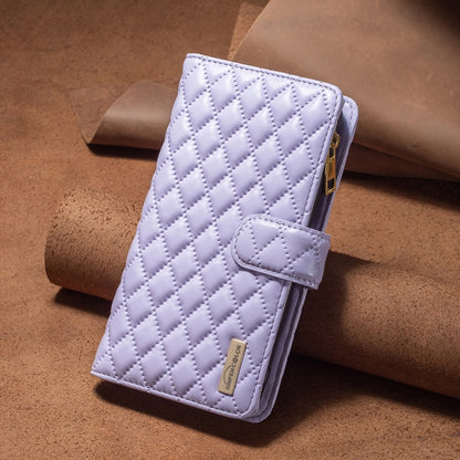 For iPhone 16 Plus Diamond Lattice Zipper Wallet Leather Flip Phone Case(Purple) - iPhone 16 Plus Cases by buy2fix | Online Shopping UK | buy2fix