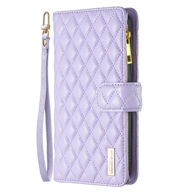 For iPhone 16 Plus Diamond Lattice Zipper Wallet Leather Flip Phone Case(Purple) - iPhone 16 Plus Cases by buy2fix | Online Shopping UK | buy2fix