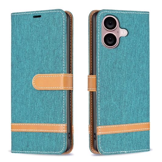 For iPhone 16 Plus Color Block Denim Texture Leather Phone Case(Green) - iPhone 16 Plus Cases by buy2fix | Online Shopping UK | buy2fix