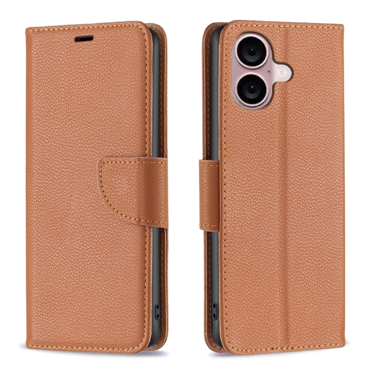 For iPhone 16 Litchi Texture Pure Color Flip Leather Phone Case(Brown) - iPhone 16 Cases by buy2fix | Online Shopping UK | buy2fix