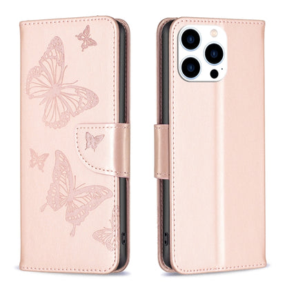 For iPhone 16 Pro Embossing Two Butterflies Pattern Leather Phone Case(Rose Gold) - iPhone 16 Pro Cases by buy2fix | Online Shopping UK | buy2fix