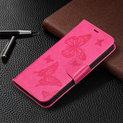 For iPhone 16 Embossing Two Butterflies Pattern Leather Phone Case(Rose Red) - iPhone 16 Cases by buy2fix | Online Shopping UK | buy2fix