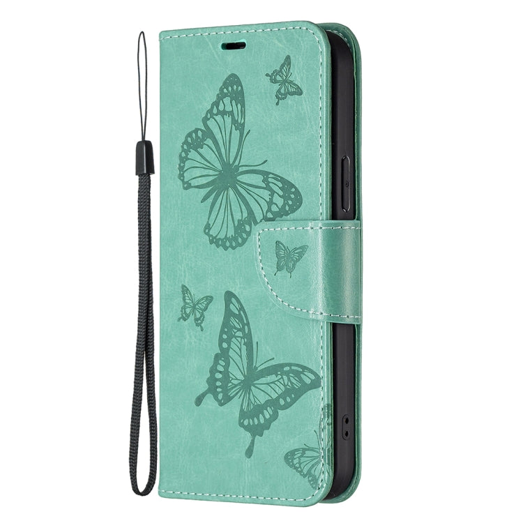 For iPhone 16 Plus Embossing Two Butterflies Pattern Leather Phone Case(Green) - iPhone 16 Plus Cases by buy2fix | Online Shopping UK | buy2fix