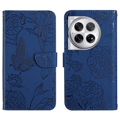 For OnePlus 12 5G Global Skin Feel Butterfly Peony Embossed Leather Phone Case(Blue) - OnePlus Cases by buy2fix | Online Shopping UK | buy2fix