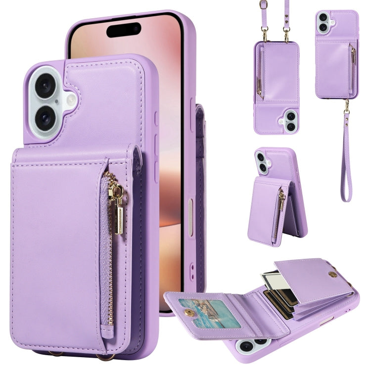 For iPhone 16 Plus Crossbody Lanyard Zipper Wallet Leather Phone Case(Purple) - iPhone 16 Plus Cases by buy2fix | Online Shopping UK | buy2fix