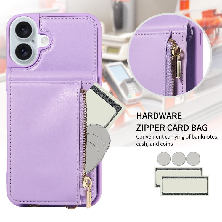 For iPhone 16 Plus Crossbody Lanyard Zipper Wallet Leather Phone Case(Purple) - iPhone 16 Plus Cases by buy2fix | Online Shopping UK | buy2fix