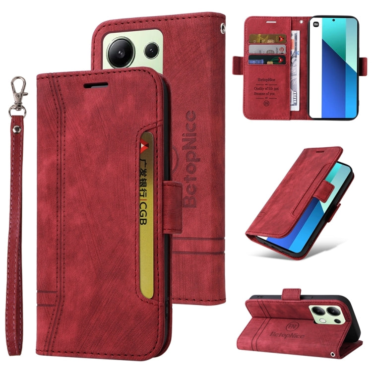 For Xiaomi Redmi Note 13 4G BETOPNICE Dual-side Buckle Leather Phone Case(Red) - Xiaomi Cases by BETOPNICE | Online Shopping UK | buy2fix