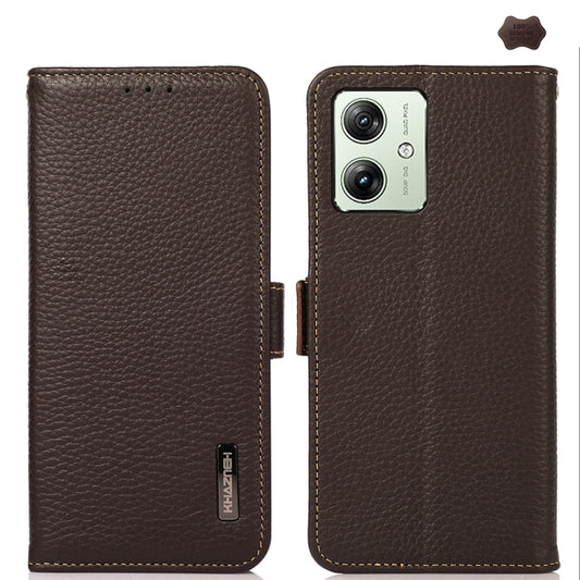 For Motorola Moto G64 5G KHAZNEH Side-Magnetic Litchi Genuine Leather RFID Phone Case(Brown) - Motorola Cases by buy2fix | Online Shopping UK | buy2fix