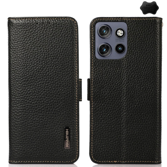 For Motorola Edge 50 Neo 5G / Moto S50 5G KHAZNEH Side-Magnetic Litchi Genuine Leather RFID Phone Case(Black) - Motorola Cases by buy2fix | Online Shopping UK | buy2fix