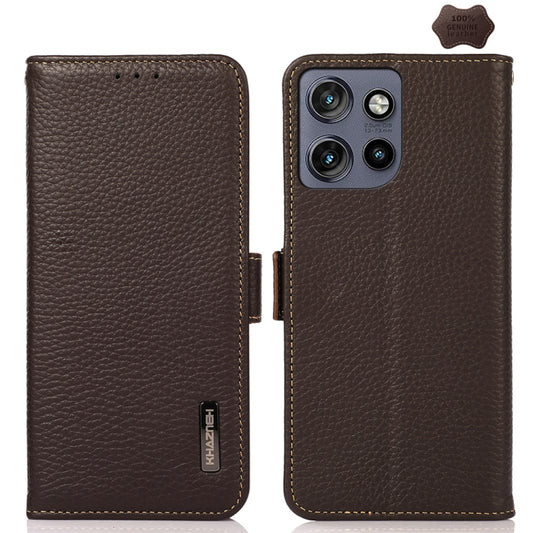 For Motorola Edge 50 Neo 5G / Moto S50 5G KHAZNEH Side-Magnetic Litchi Genuine Leather RFID Phone Case(Brown) - Motorola Cases by buy2fix | Online Shopping UK | buy2fix